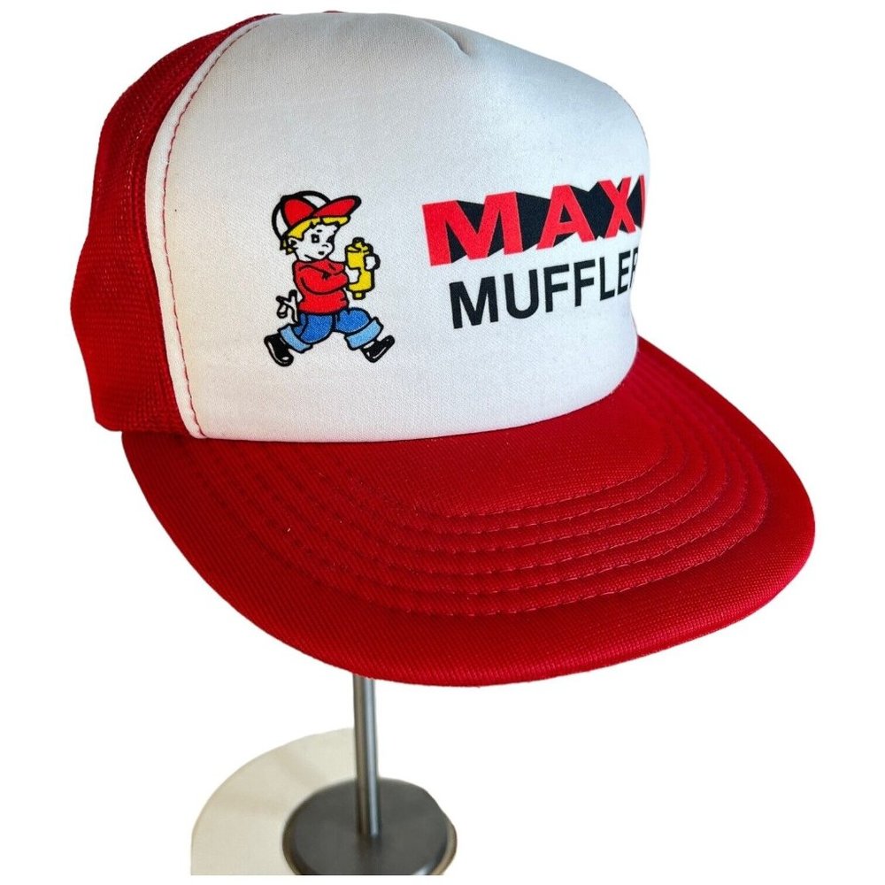 Vintage Maxi Muffler Truck Hat Logo Snapback Foam Front Mesh Back Red White